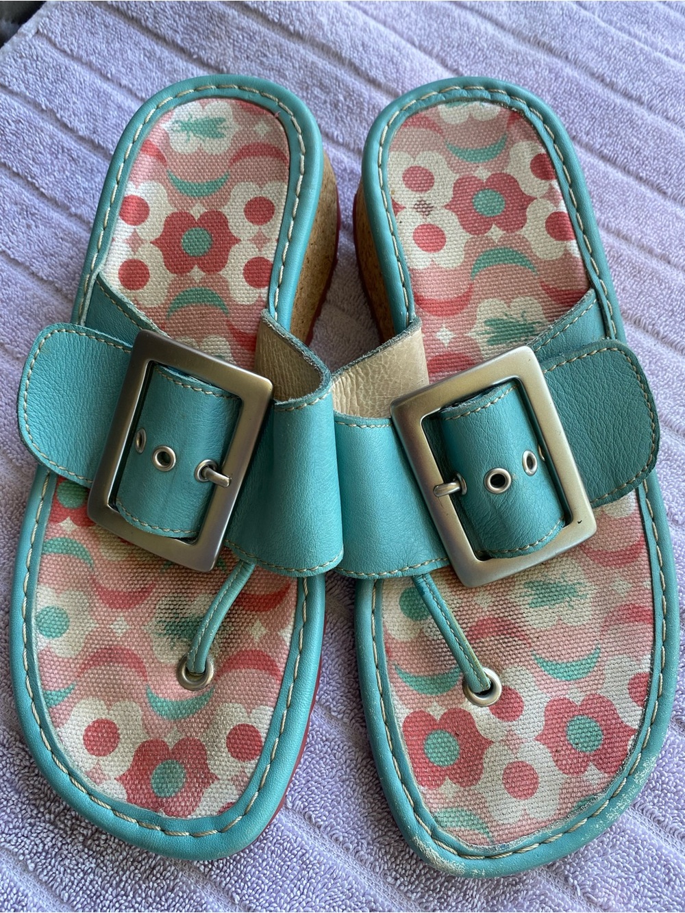 Vintage cork/ teal leather buckle wedge sandals size 38